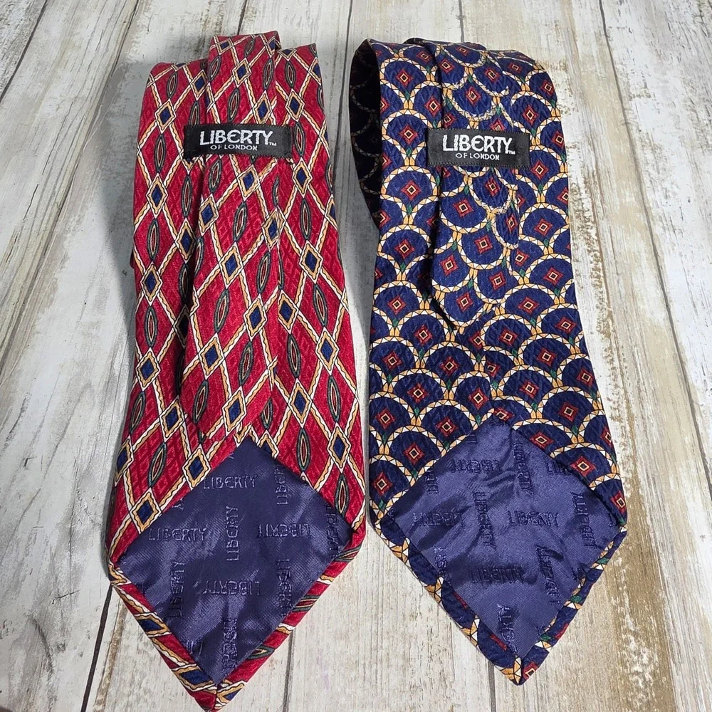 Liberty of London Mens Silk Necktie Set Red Diamond Navy Medallion Geometric 2pk